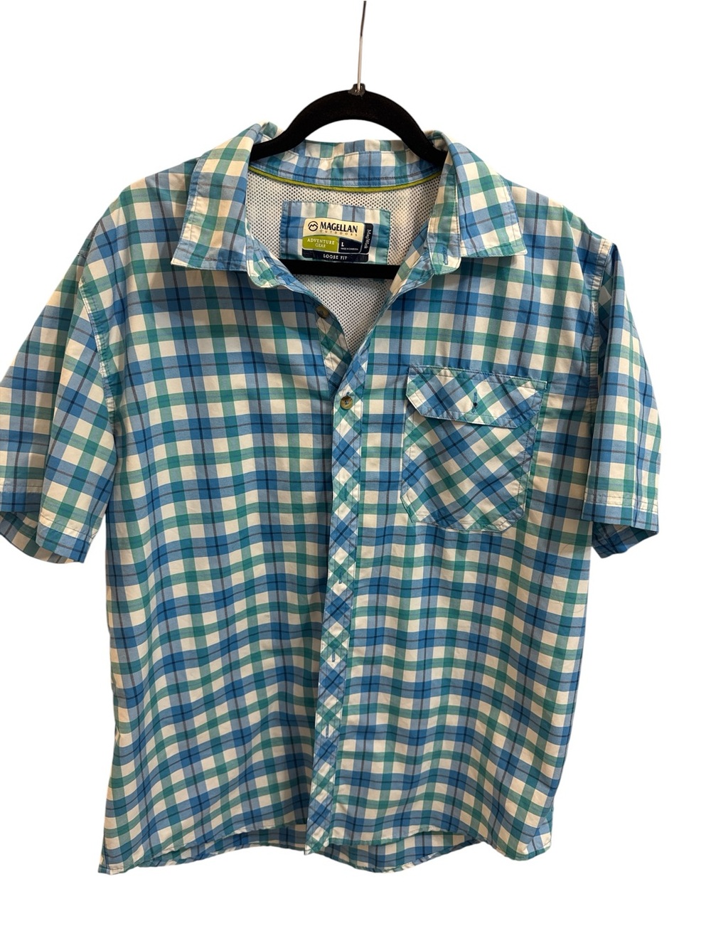 Magellan Outdoors Light Blue and White Plaid Short-Sleeve Button-Up Shirt
